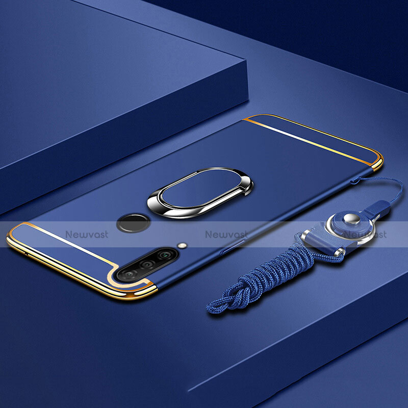 Luxury Metal Frame and Plastic Back Cover Case with Finger Ring Stand T01 for Huawei P30 Lite New Edition Blue