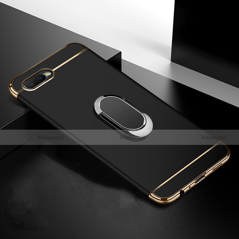 Luxury Metal Frame and Plastic Back Cover Case with Finger Ring Stand T01 for Oppo R15X Black