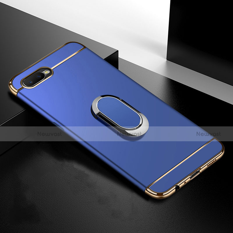 Luxury Metal Frame and Plastic Back Cover Case with Finger Ring Stand T01 for Oppo R17 Neo Blue