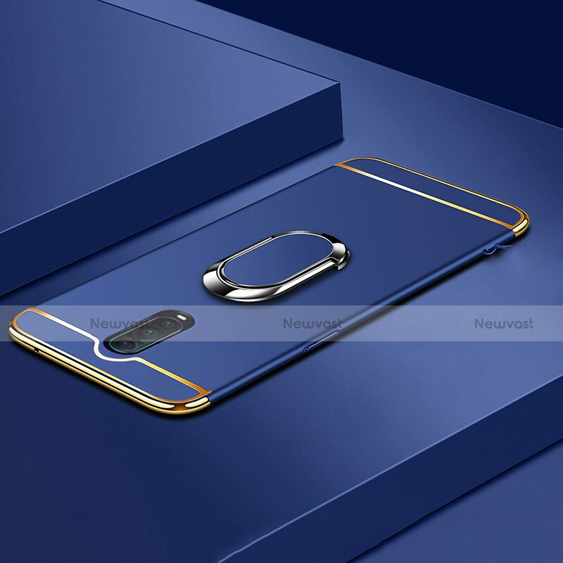 Luxury Metal Frame and Plastic Back Cover Case with Finger Ring Stand T01 for Oppo R17 Pro Blue