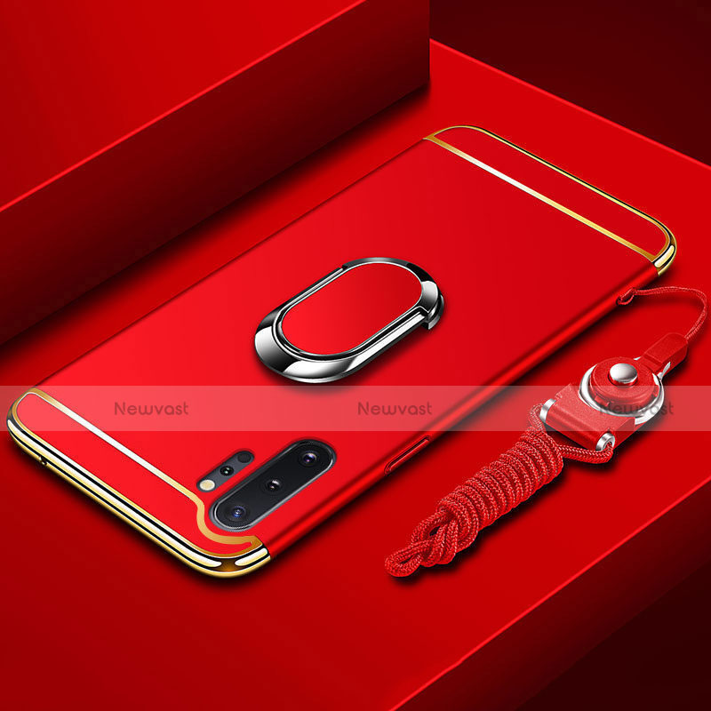 Luxury Metal Frame and Plastic Back Cover Case with Finger Ring Stand T01 for Samsung Galaxy Note 10 Plus Red