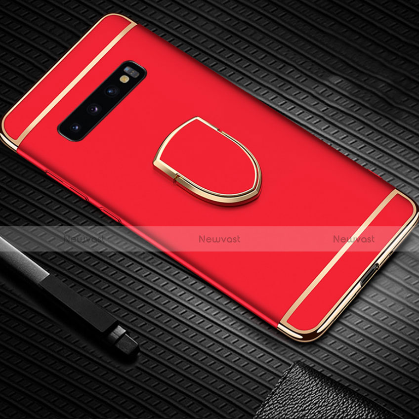 Luxury Metal Frame and Plastic Back Cover Case with Finger Ring Stand T01 for Samsung Galaxy S10 5G Red