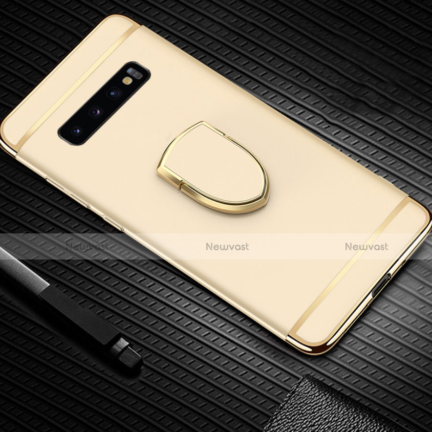 Luxury Metal Frame and Plastic Back Cover Case with Finger Ring Stand T01 for Samsung Galaxy S10 Gold