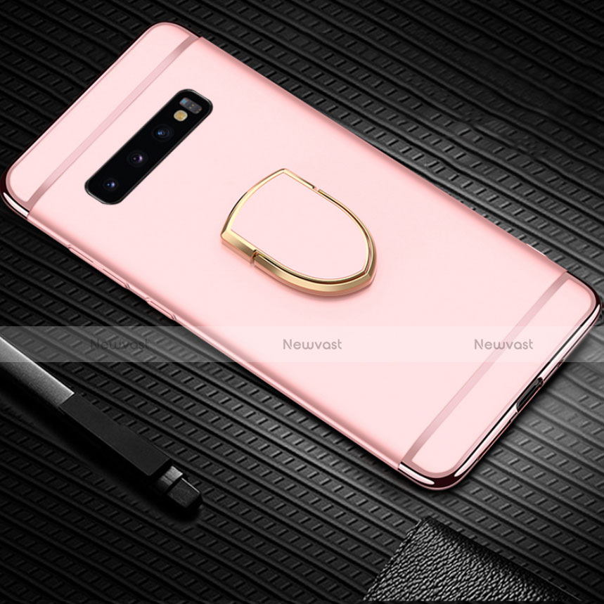 Luxury Metal Frame and Plastic Back Cover Case with Finger Ring Stand T01 for Samsung Galaxy S10 Rose Gold