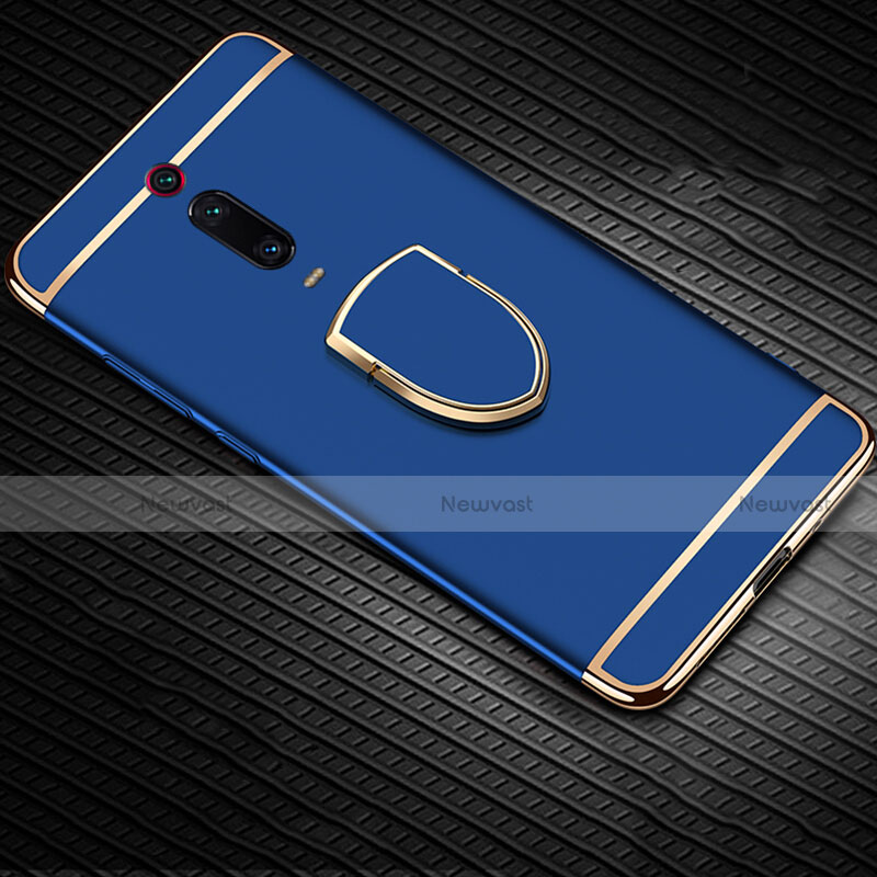 Luxury Metal Frame and Plastic Back Cover Case with Finger Ring Stand T01 for Xiaomi Mi 9T Blue