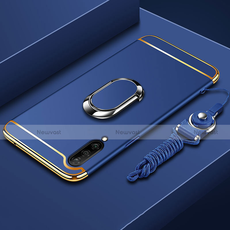 Luxury Metal Frame and Plastic Back Cover Case with Finger Ring Stand T01 for Xiaomi Mi A3 Blue