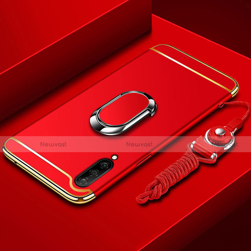 Luxury Metal Frame and Plastic Back Cover Case with Finger Ring Stand T01 for Xiaomi Mi A3 Red