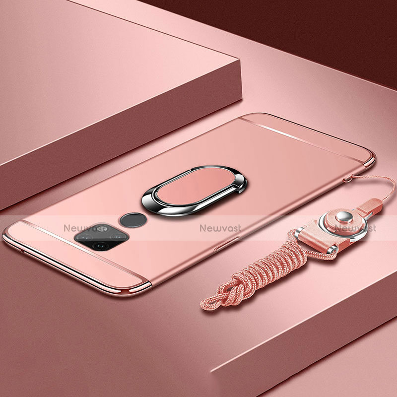 Luxury Metal Frame and Plastic Back Cover Case with Finger Ring Stand T02 for Huawei Mate 20 X 5G Rose Gold