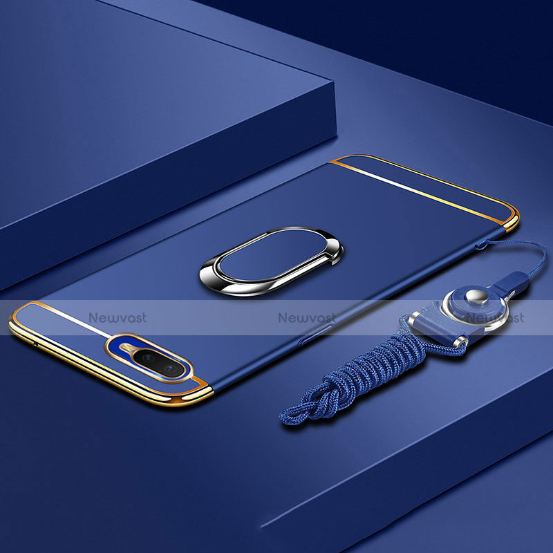 Luxury Metal Frame and Plastic Back Cover Case with Finger Ring Stand T02 for Oppo K1 Blue