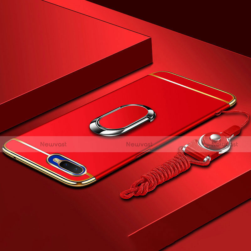 Luxury Metal Frame and Plastic Back Cover Case with Finger Ring Stand T02 for Oppo R15X Red