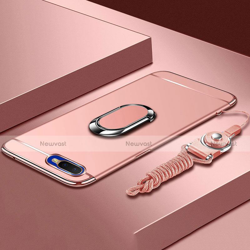 Luxury Metal Frame and Plastic Back Cover Case with Finger Ring Stand T02 for Oppo R15X Rose Gold