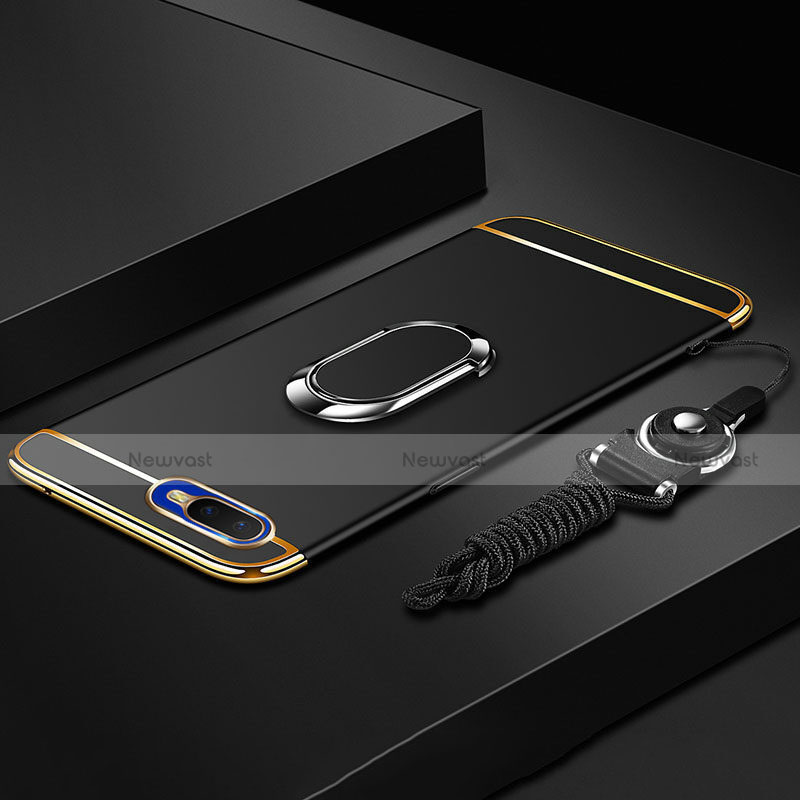 Luxury Metal Frame and Plastic Back Cover Case with Finger Ring Stand T02 for Oppo R17 Neo Black