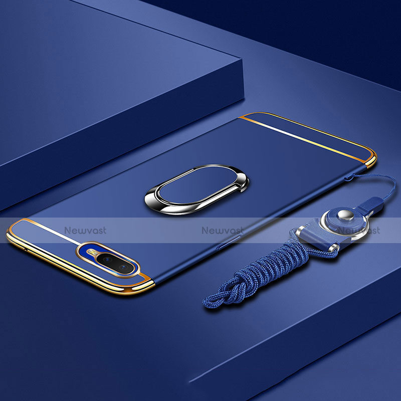 Luxury Metal Frame and Plastic Back Cover Case with Finger Ring Stand T02 for Oppo R17 Neo Blue