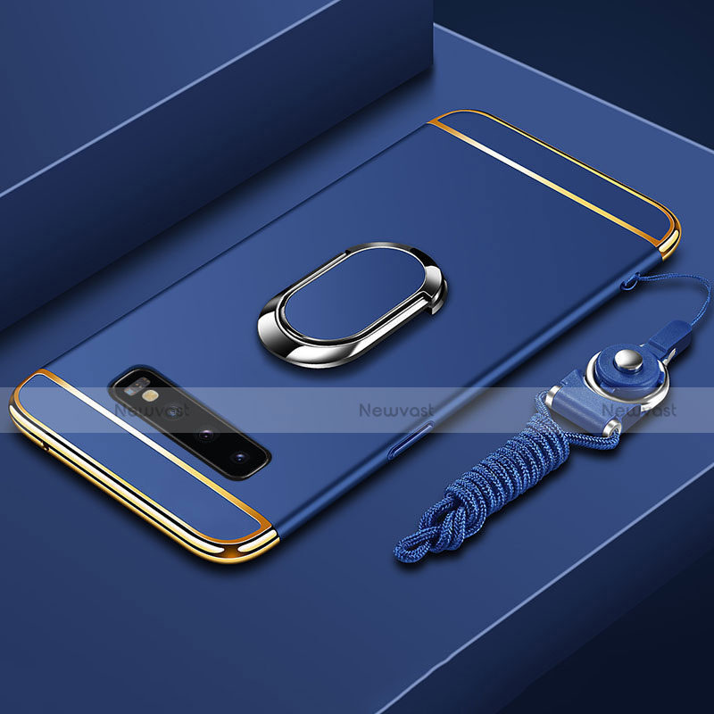 Luxury Metal Frame and Plastic Back Cover Case with Finger Ring Stand T02 for Samsung Galaxy S10 5G Blue