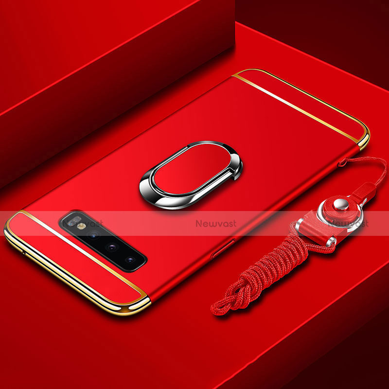 Luxury Metal Frame and Plastic Back Cover Case with Finger Ring Stand T02 for Samsung Galaxy S10 5G Red