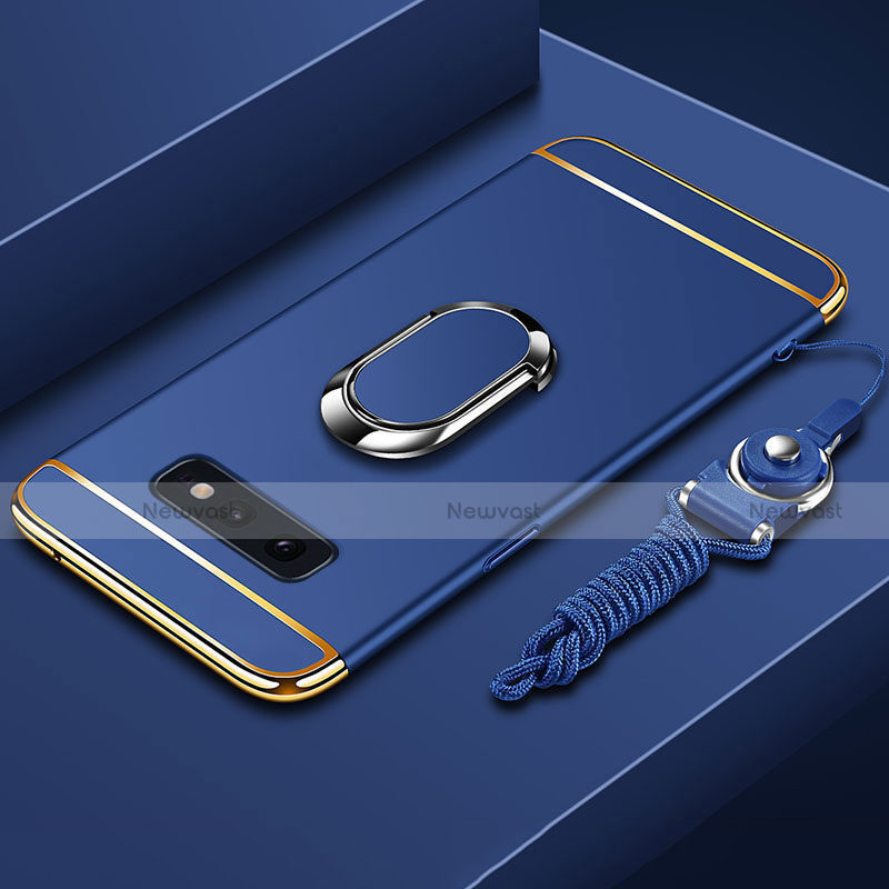 Luxury Metal Frame and Plastic Back Cover Case with Finger Ring Stand T02 for Samsung Galaxy S10e Blue