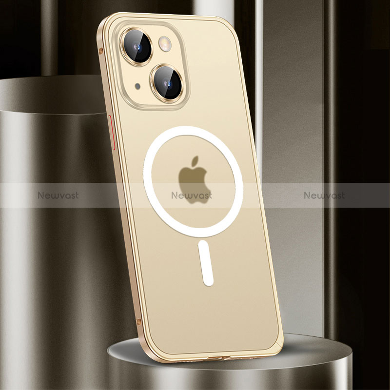 Luxury Metal Frame and Plastic Back Cover Case with Mag-Safe Magnetic JL2 for Apple iPhone 13 Gold