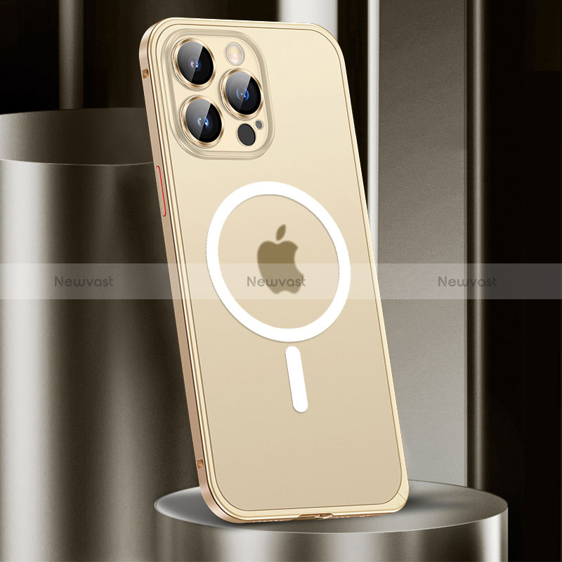 Luxury Metal Frame and Plastic Back Cover Case with Mag-Safe Magnetic JL2 for Apple iPhone 13 Pro Gold