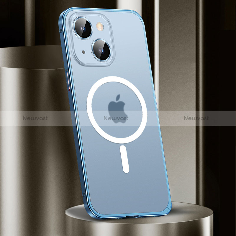 Luxury Metal Frame and Plastic Back Cover Case with Mag-Safe Magnetic JL2 for Apple iPhone 14 Blue