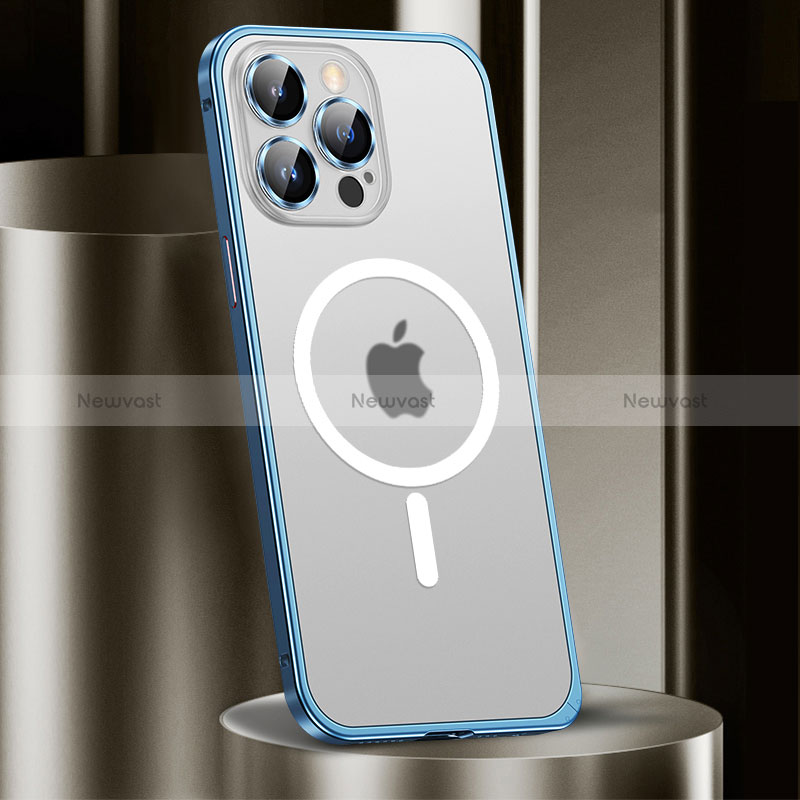 Luxury Metal Frame and Plastic Back Cover Case with Mag-Safe Magnetic JL2 for Apple iPhone 14 Pro Blue