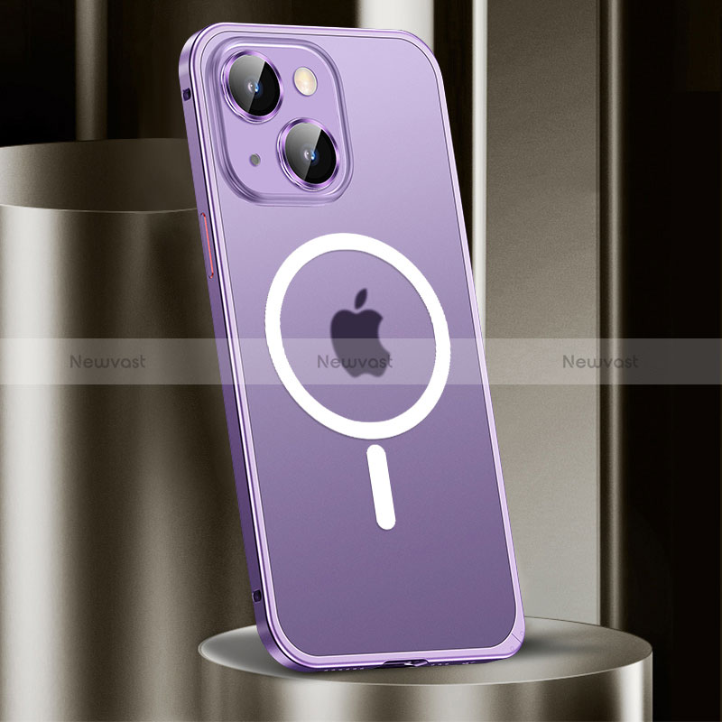 Luxury Metal Frame and Plastic Back Cover Case with Mag-Safe Magnetic JL2 for Apple iPhone 14 Purple