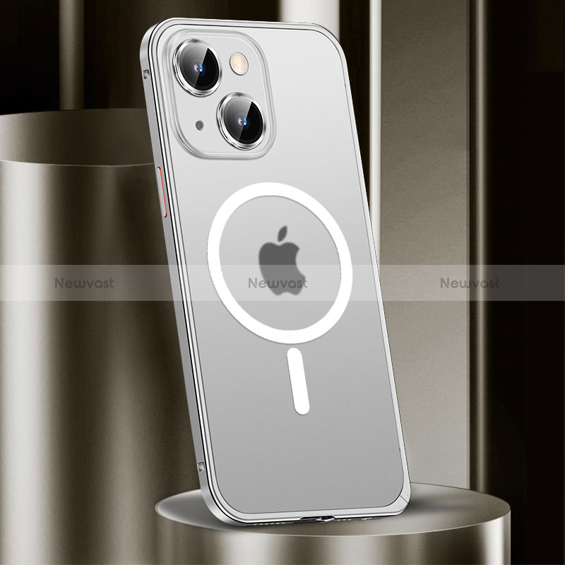 Luxury Metal Frame and Plastic Back Cover Case with Mag-Safe Magnetic JL2 for Apple iPhone 14 Silver