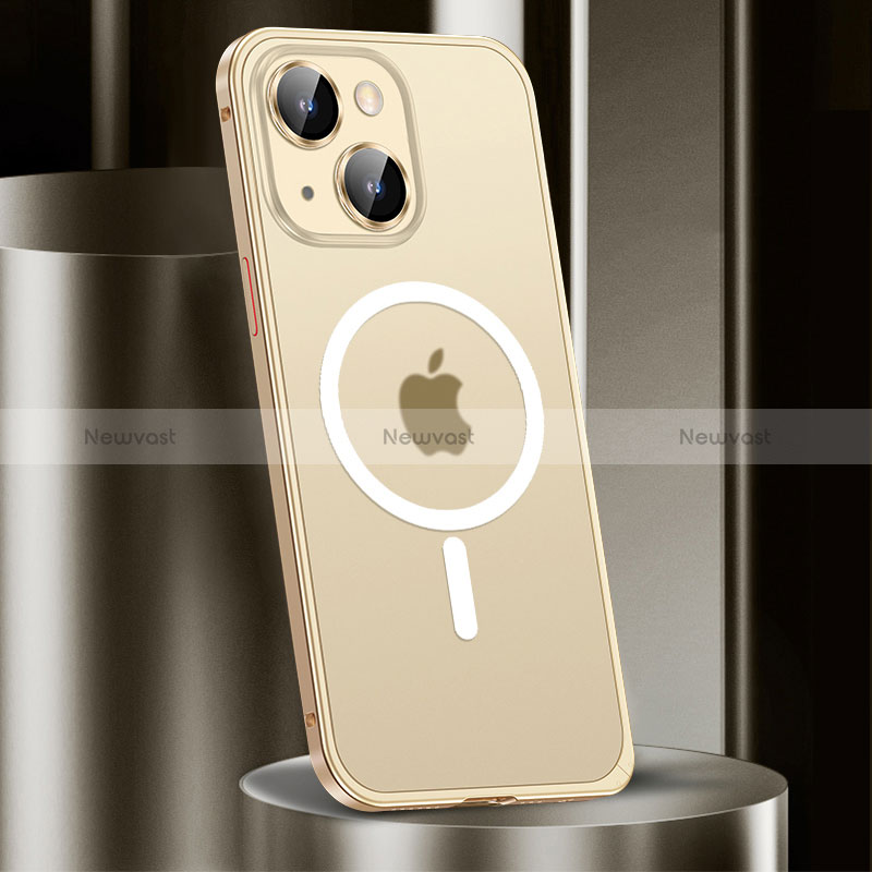 Luxury Metal Frame and Plastic Back Cover Case with Mag-Safe Magnetic JL2 for Apple iPhone 15 Gold