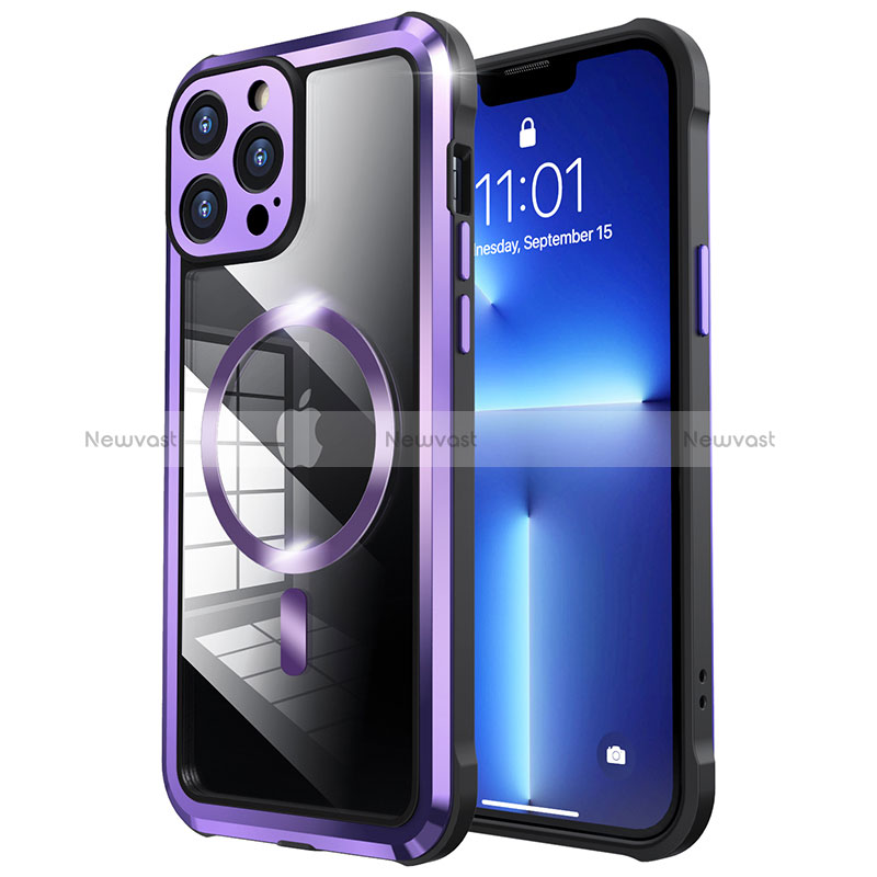 Luxury Metal Frame and Plastic Back Cover Case with Mag-Safe Magnetic LF2 for Apple iPhone 13 Pro Max Purple