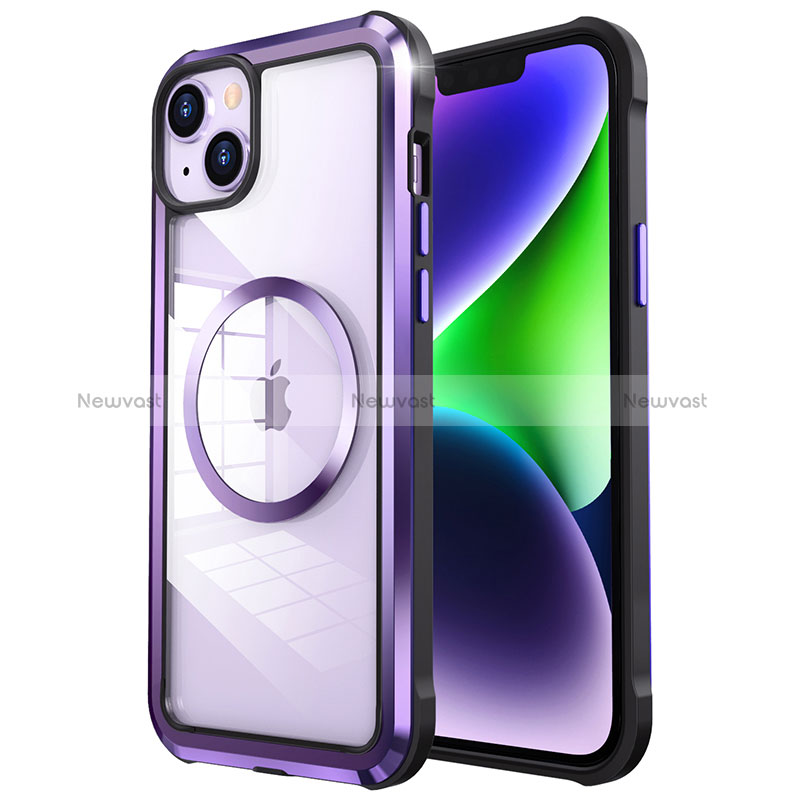 Luxury Metal Frame and Plastic Back Cover Case with Mag-Safe Magnetic LF2 for Apple iPhone 14 Plus Purple