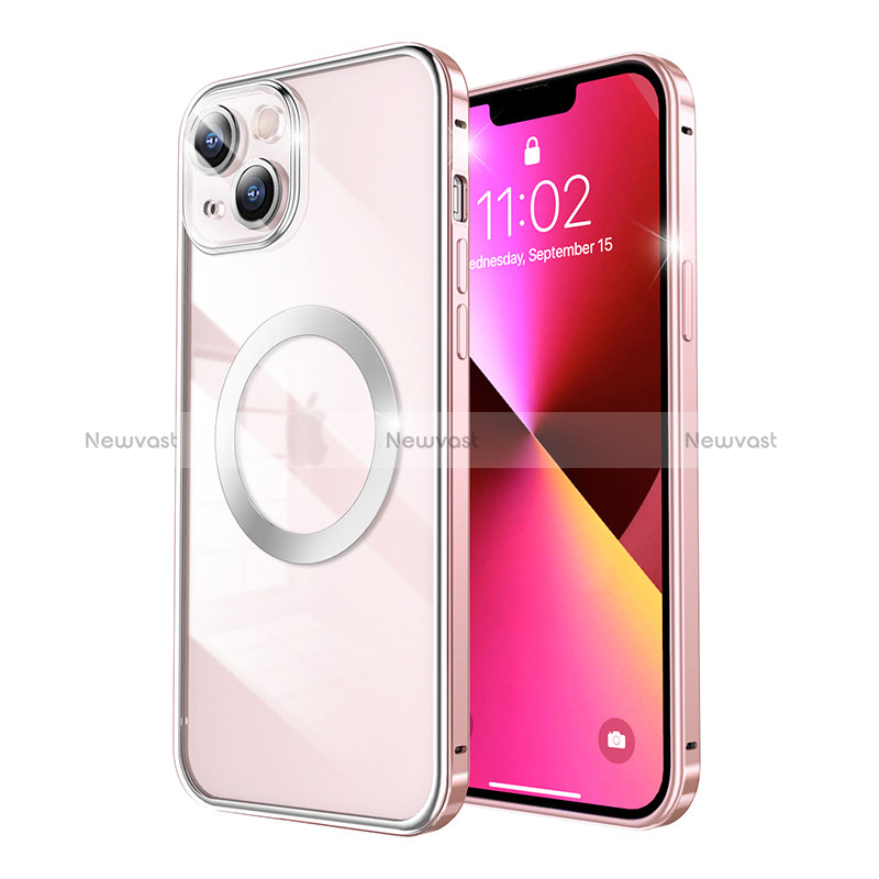 Luxury Metal Frame and Plastic Back Cover Case with Mag-Safe Magnetic LF3 for Apple iPhone 13 Rose Gold