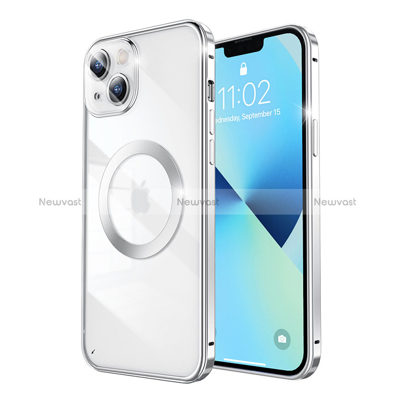 Luxury Metal Frame and Plastic Back Cover Case with Mag-Safe Magnetic LF3 for Apple iPhone 13 Silver