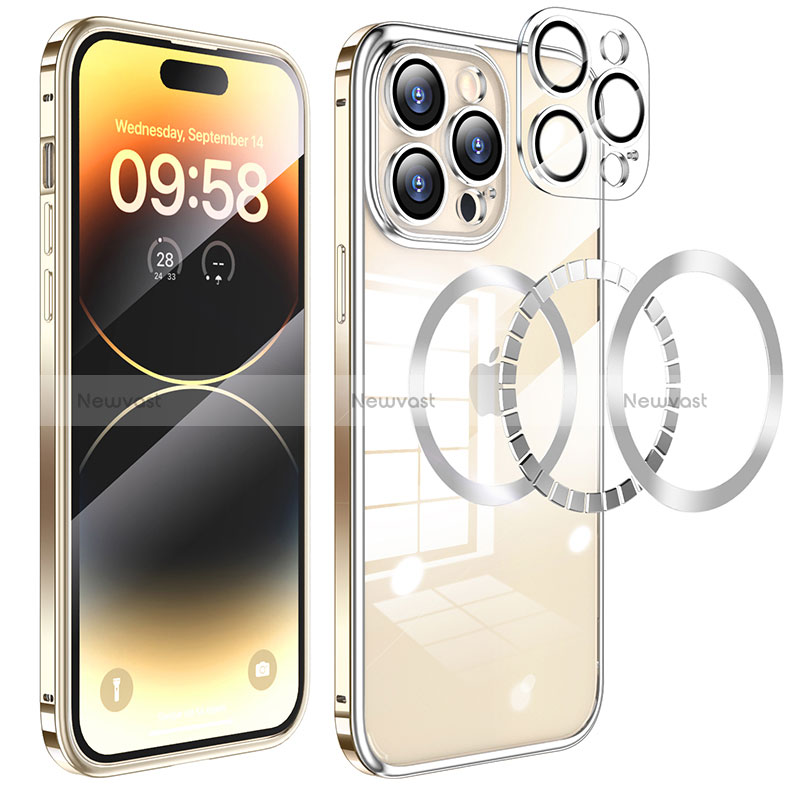 Luxury Metal Frame and Plastic Back Cover Case with Mag-Safe Magnetic LF3 for Apple iPhone 14 Pro Gold