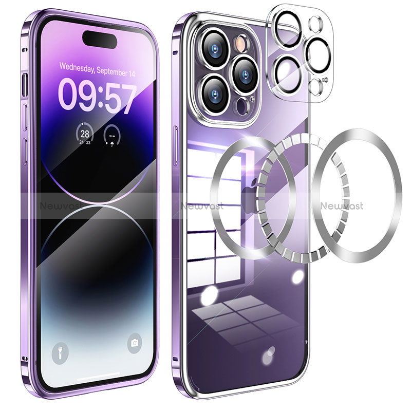 Luxury Metal Frame and Plastic Back Cover Case with Mag-Safe Magnetic LF3 for Apple iPhone 14 Pro Max Purple