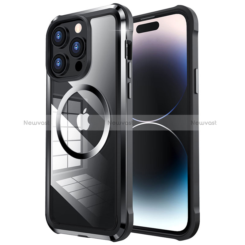 Luxury Metal Frame and Plastic Back Cover Case with Mag-Safe Magnetic LF4 for Apple iPhone 14 Pro Black