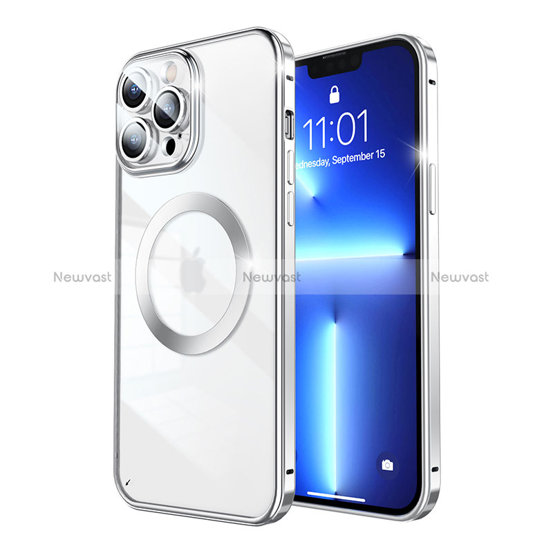 Luxury Metal Frame and Plastic Back Cover Case with Mag-Safe Magnetic LF5 for Apple iPhone 13 Pro Silver