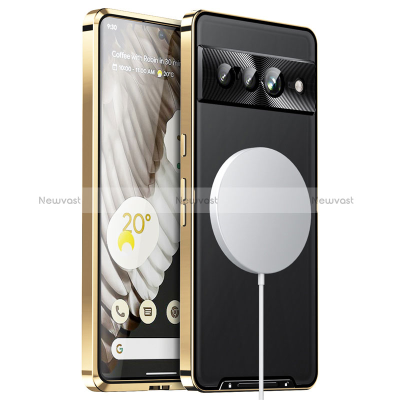 Luxury Metal Frame and Plastic Back Cover Case with Mag-Safe Magnetic LK1 for Google Pixel 7 Pro 5G Gold