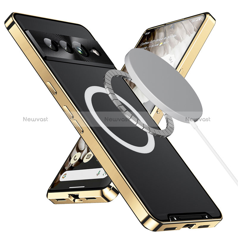 Luxury Metal Frame and Plastic Back Cover Case with Mag-Safe Magnetic LK1 for Google Pixel 7 Pro 5G Gold