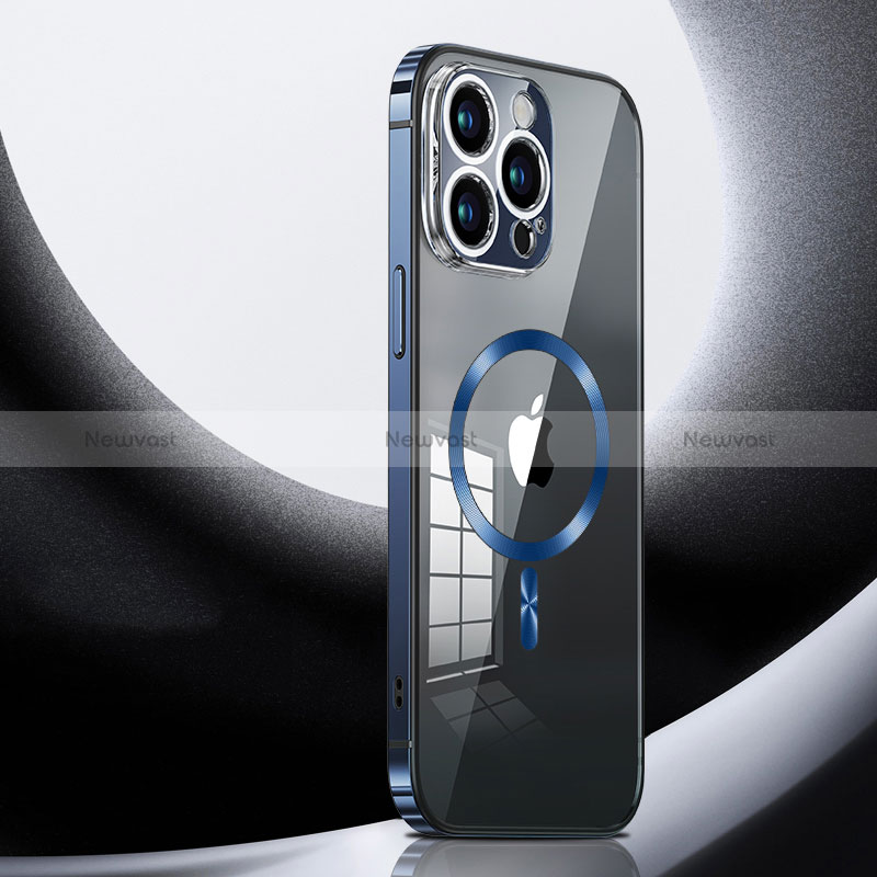 Luxury Metal Frame and Plastic Back Cover Case with Mag-Safe Magnetic LK3 for Apple iPhone 13 Pro Blue