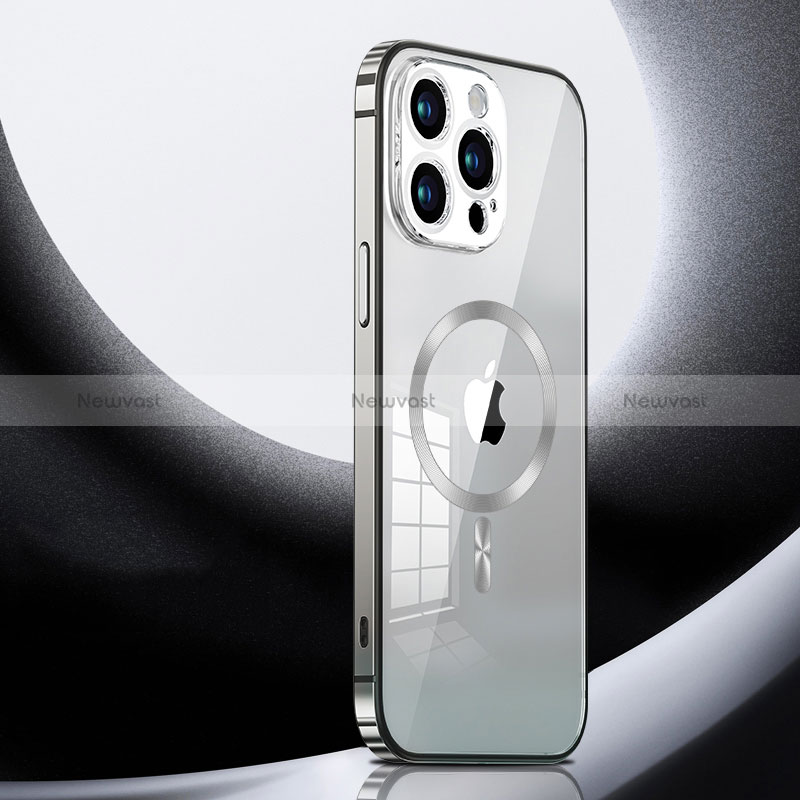 Luxury Metal Frame and Plastic Back Cover Case with Mag-Safe Magnetic LK3 for Apple iPhone 13 Pro Silver