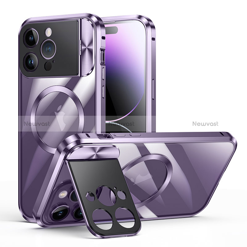 Luxury Metal Frame and Plastic Back Cover Case with Mag-Safe Magnetic LK4 for Apple iPhone 16 Pro Max Purple