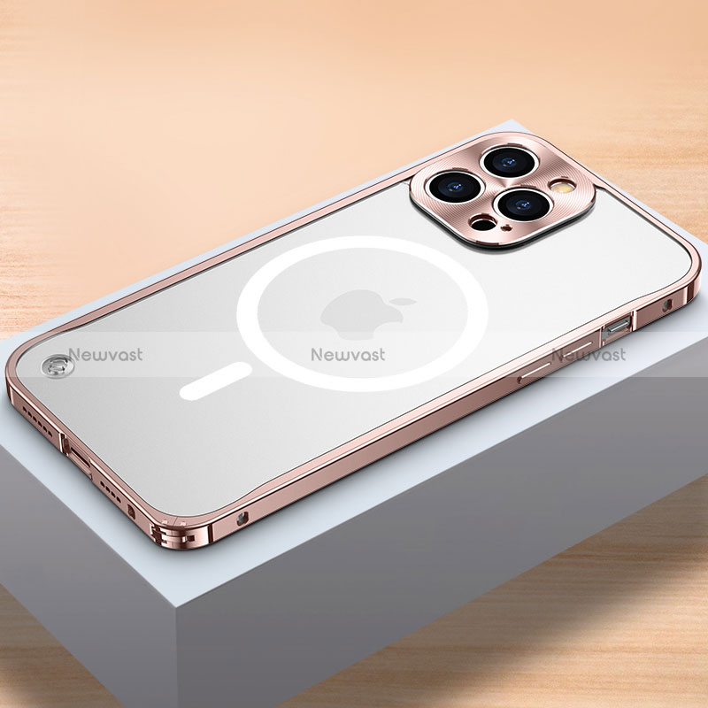 Luxury Metal Frame and Plastic Back Cover Case with Mag-Safe Magnetic QC1 for Apple iPhone 13 Pro Rose Gold