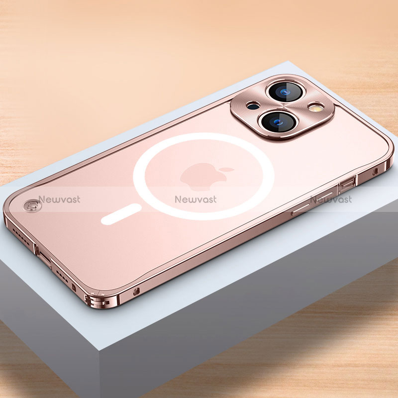 Luxury Metal Frame and Plastic Back Cover Case with Mag-Safe Magnetic QC1 for Apple iPhone 15 Plus Rose Gold