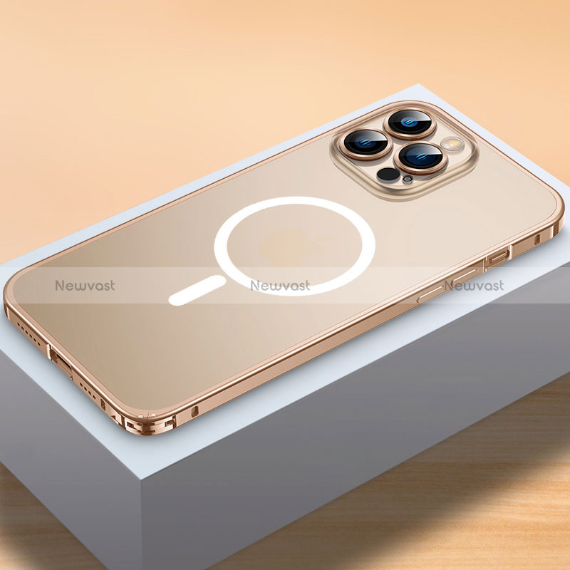 Luxury Metal Frame and Plastic Back Cover Case with Mag-Safe Magnetic QC2 for Apple iPhone 13 Pro Gold