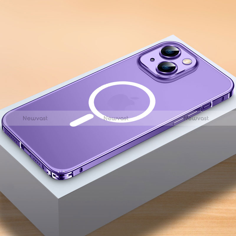 Luxury Metal Frame and Plastic Back Cover Case with Mag-Safe Magnetic QC2 for Apple iPhone 14 Plus Purple