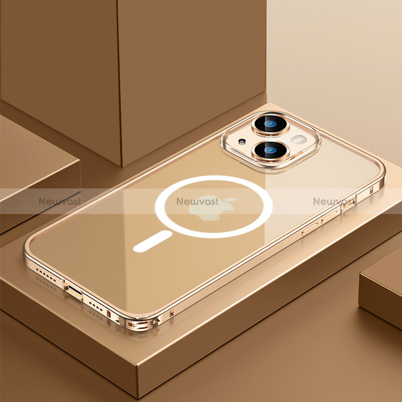 Luxury Metal Frame and Plastic Back Cover Case with Mag-Safe Magnetic QC3 for Apple iPhone 15 Gold