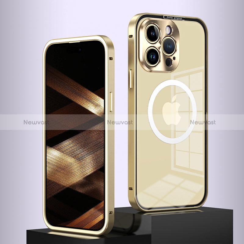 Luxury Metal Frame and Plastic Back Cover Case with Mag-Safe Magnetic QC5 for Apple iPhone 15 Pro Gold