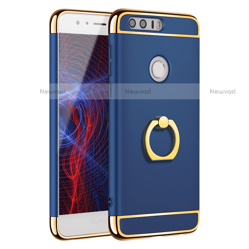 Luxury Metal Frame and Plastic Back Cover with Finger Ring Stand A01 for Huawei Honor 8 Blue