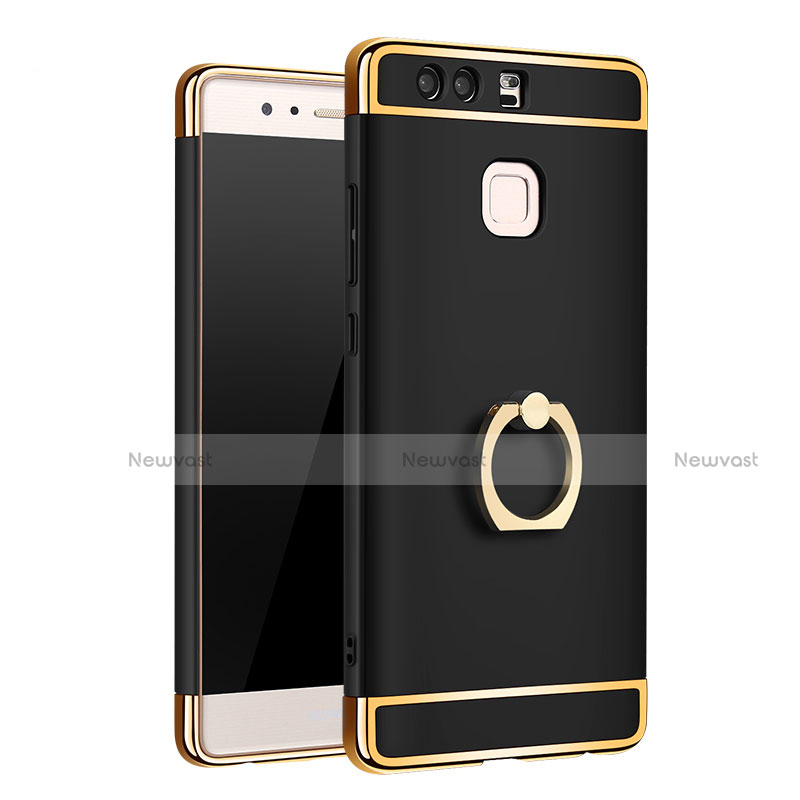 Luxury Metal Frame and Plastic Back Cover with Finger Ring Stand A01 for Huawei P9 Black