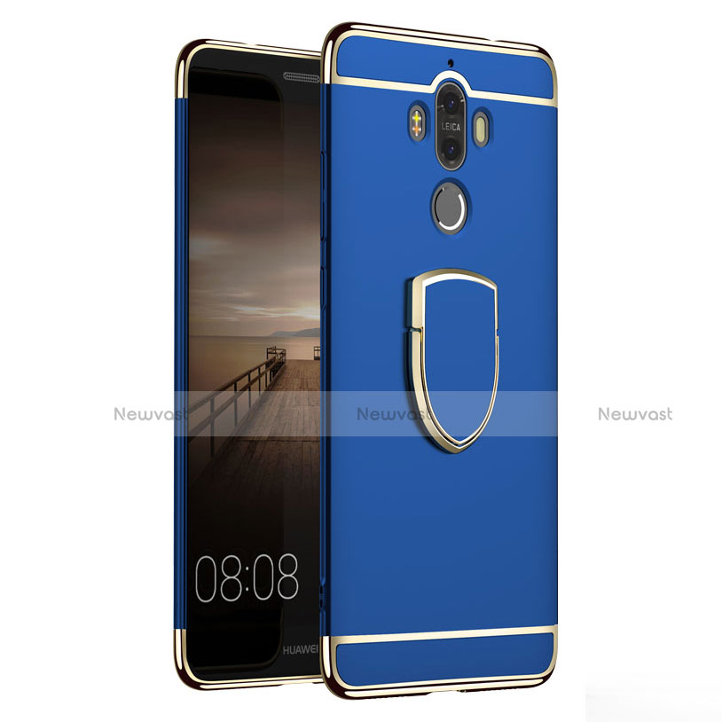 Luxury Metal Frame and Plastic Back Cover with Finger Ring Stand A02 for Huawei Mate 9 Blue