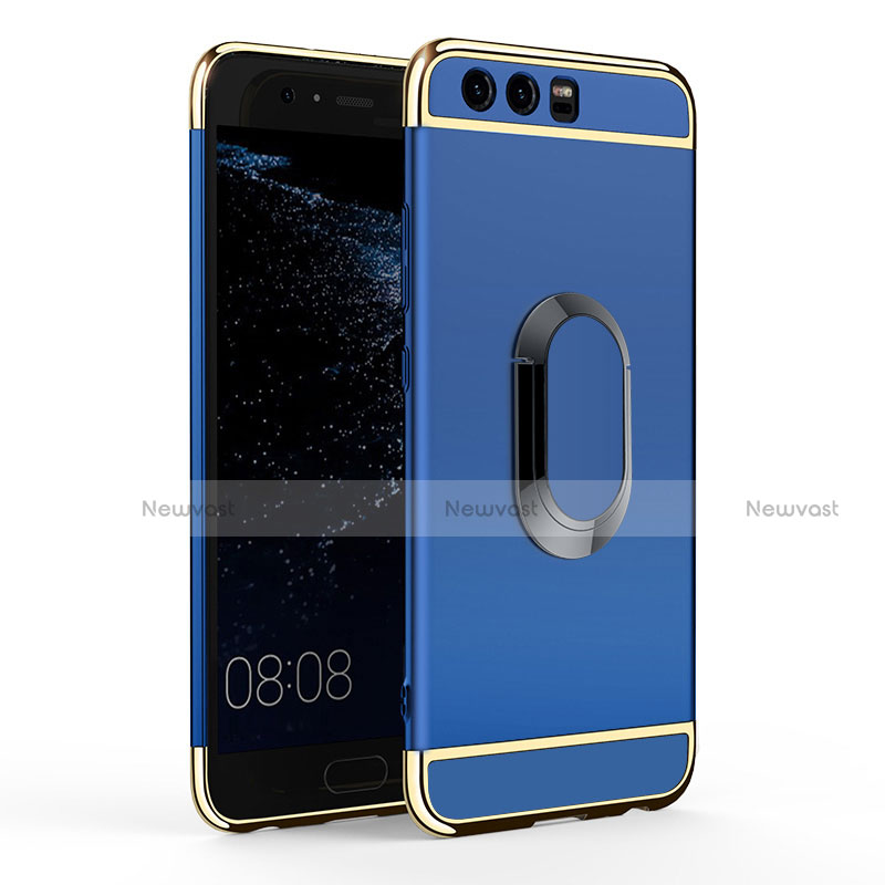 Luxury Metal Frame and Plastic Back Cover with Finger Ring Stand A02 for Huawei P10 Blue